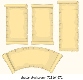 Papyrus scrolls Set, aged blank paper scroll, medieval retro yellowish manuscript, diploma or certificate template. Vector