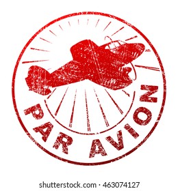 Par avion grunge style vector rubber stamp with silhouette of flying propeller aircraft