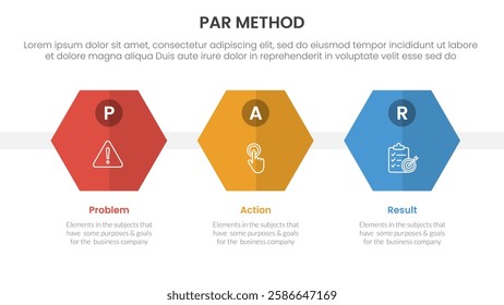 PAR method infographic 3 point with hexagon or hexagonal shape horizontal for slide presentation vector