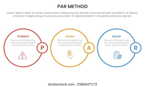 PAR method infographic 3 point with horizontal outline circle for slide presentation vector