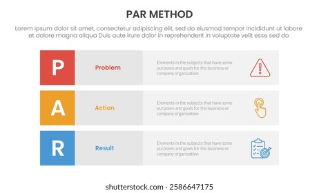 PAR method infographic 3 point with 3 block row rectangle content stack for slide presentation vector