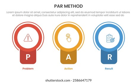 PAR method infographic 3 point with badge circle banner shape for slide presentation vector