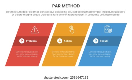 PAR method infographic 3 point with rectangle skew or tilt for slide presentation vector