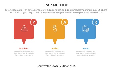 PAR method infographic 3 point with callout box horizontal direction for slide presentation vector