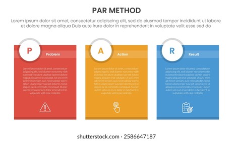 PAR method infographic 3 point with box container table with circle badge header for slide presentation vector