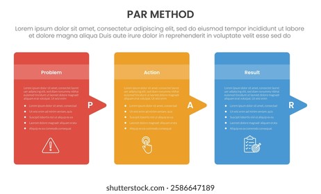 PAR method infographic 3 point with round box container with arrow right side direction for slide presentation vector