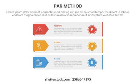 PAR method infographic 3 point with long rectangle box container with arrow badge side for slide presentation vector