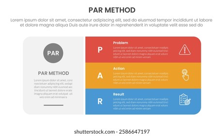 PAR method infographic 3 point with big round rectangle box with stack list for slide presentation vector