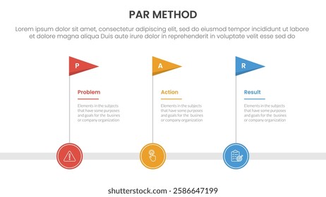 PAR method infographic 3 point with timeline flag horizontal for slide presentation vector