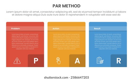 PAR method infographic 3 point with box container table with badge number on bottom for slide presentation vector