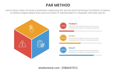 PAR method infographic 3 point with 3d box shape with circle progress description for slide presentation vector