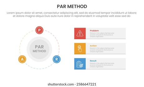 PAR method infographic 3 point with big circle and outline badge on the line for slide presentation vector