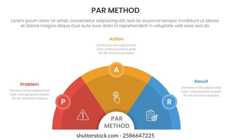 PAR method infographic 3 point with half circle horizontal with circle badge for slide presentation vector