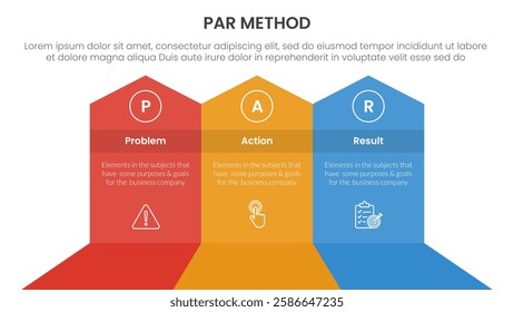 PAR method infographic 3 point with big shape arrow header top direction for slide presentation vector