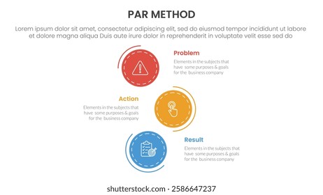 PAR method infographic 3 point with vertical stack circle direction for slide presentation vector