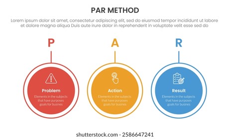 PAR method infographic 3 point with big circle outline horizontal for slide presentation vector