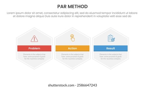 PAR method infographic 3 point with big hexagon hexagonal horizontal for slide presentation vector