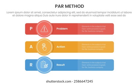 PAR method infographic 3 point with long rectangle box with circle badge for slide presentation vector