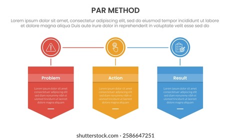 PAR method infographic 3 point with badge box shield and circle connected for slide presentation vector