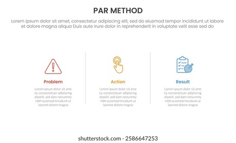 PAR method infographic 3 point with horizontal clean information with line divider for slide presentation vector