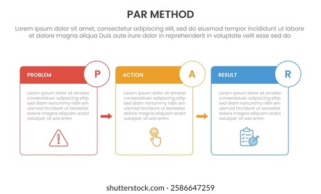 PAR method infographic 3 point with box outline and badge arrow for slide presentation vector