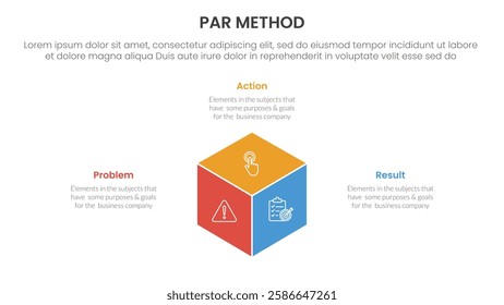 PAR method infographic 3 point with 3d box shape center for slide presentation vector