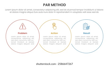 PAR method infographic 3 point with big circle outline union horizontal for slide presentation vector