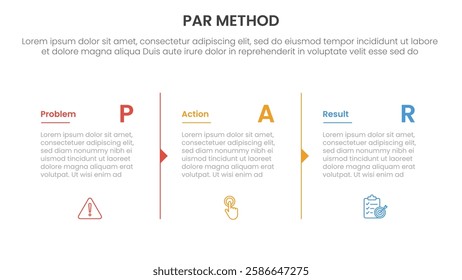 PAR method infographic 3 point with column separation with arrow outline for slide presentation vector