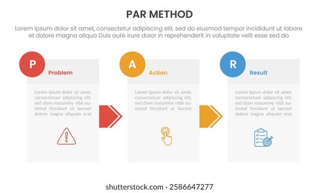 PAR method infographic 3 point with box information and arrow direction for slide presentation vector