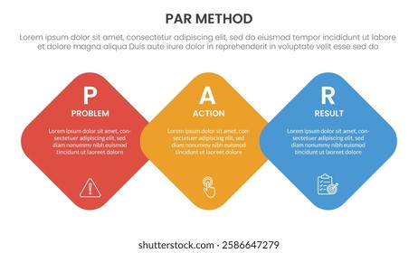 PAR method infographic 3 point with round diamond on horizontal direction for slide presentation vector