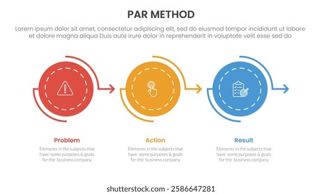 PAR method infographic 3 point with circle arrow right direction on horizontal line for slide presentation vector