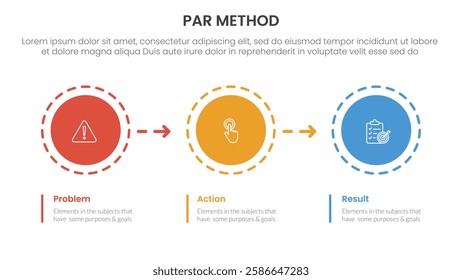 PAR method infographic 3 point with circle and arrow right direction for slide presentation vector