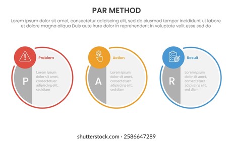 PAR method infographic 3 point with big circle symmetric and small circle badge on horizontal direction for slide presentation vector