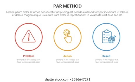 PAR method infographic 3 point with big circle outline horizontal for slide presentation vector