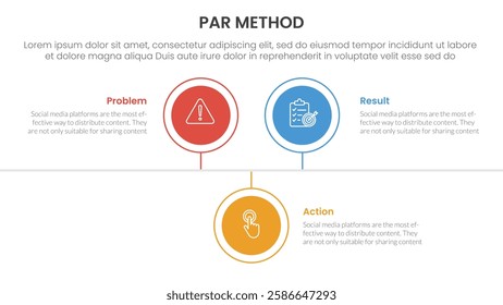 PAR method infographic 3 point with circle timeline right direction up and down for slide presentation vector