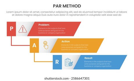 PAR method infographic 3 point with vertical timeline skew rectangle waterfall for slide presentation vector