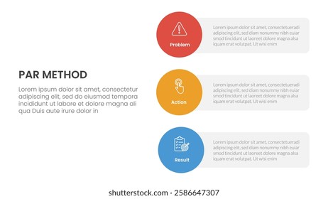 PAR method infographic 3 point with vertical circle shape on stack layout for slide presentation vector