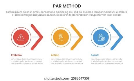 PAR method infographic 3 point with circle and arrow shape right direction for slide presentation vector