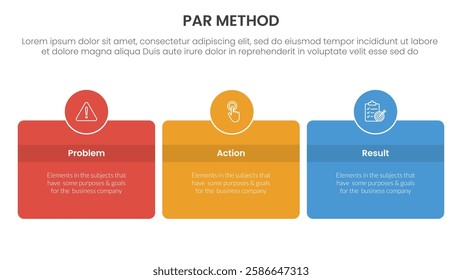 PAR method infographic 3 point with round box and circle badge on center with horizontal direction for slide presentation vector