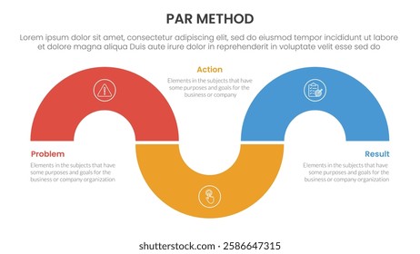 PAR method infographic 3 point with circular shape half circle up and down for slide presentation vector