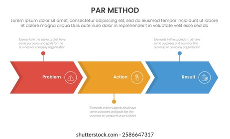 PAR method infographic 3 point with arrow right direction horizontal line for slide presentation vector