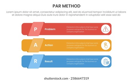 PAR method infographic 3 point with long round rectangle shape stack for slide presentation vector