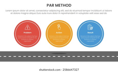 PAR method infographic 3 point with big circle symmetric horizontal on top of roadway for slide presentation vector