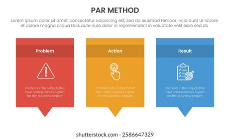 PAR method infographic 3 point with rectangle box and callout comment dialog on bottom for slide presentation vector