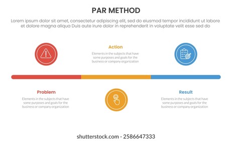 PAR method infographic 3 point with small circle timeline horizontal for slide presentation vector