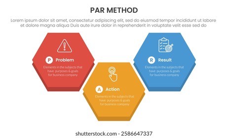 PAR method infographic 3 point with big hexagonal up and down shape for slide presentation vector