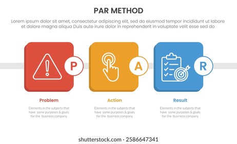 PAR method infographic 3 point with round square box timeline style for slide presentation vector