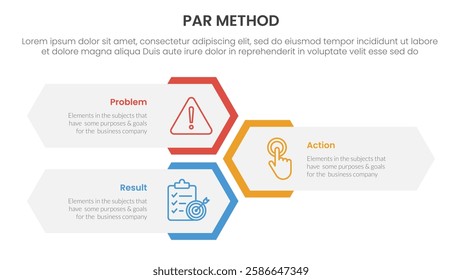 PAR method infographic 3 point with vertical hexagon shape layout for slide presentation vector