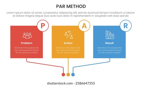 PAR method infographic 3 point with square box linked connection circle badge for slide presentation vector