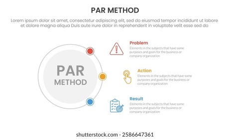 PAR method infographic 3 point with outline circle connecting network content for slide presentation vector